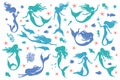 Collection of vector silhouettes of mermaids and sea life