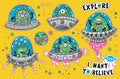 Collection of vector stickers with fantastic creatures in the galaxy