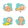 Collection of vector stickers of little baby boyar girl in diaper, pajamas.