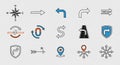 A collection of vector-style directional icons on a light gray background. Includes a Royalty Free Stock Photo