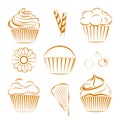 Collection of vector sweets, cupcakes. Outline