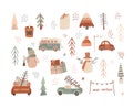 Collection of vector winter objects (retro cars with gifts, Christmas trees, snowman, gift boxes) in flat style Royalty Free Stock Photo