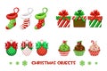 Collection vectors decorative objects for happy Christmas.. Red and green socks, gifts, balls and cupcakes