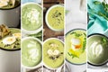 Collection of vegetarian creamy green soups. Food collage