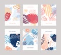 Collection of vertical abstract backdrops or card templates with colorful paint traces, blotches, smudges, stains on