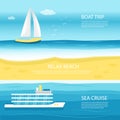 Collection of vertical banner with sea, ocean and nautical vehicles: sail boat, ship, vessel, luxury yacht, speedboat.