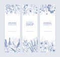 Collection of vertical banners decorated with wild flowers and flowering meadow herbs hand drawn with contour lines on