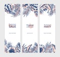 Collection of vertical flyer or banner templates with exotic palm tree leaves or foliage of tropical plants drawn with