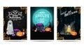 Collection vertical Halloween greeting postcards with Halloween night landscapes, beautiful letterings and Halloween characters