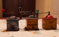 collection of very old coffee grinders 40 years old without restoration vintage decoration Royalty Free Stock Photo