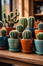 Collection of Mini Cactus Plants in Colorful Ceramic Pots on Wooden Surface Royalty Free Stock Photo