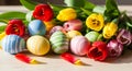 Vibrantly striped and patterned easter eggs with colorful tulips on light wooden surface Royalty Free Stock Photo