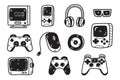 A collection of video game controllers and accessories