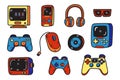 A collection of video game controllers and accessories