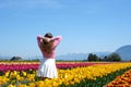 collection of videos and photos where a girl in a white skirt walks through field with tulips blue background sky Royalty Free Stock Photo