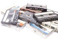 Collection vintage audio cassettes isolated on white.