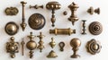 Collection of vintage brass door hardware on a white background. A variety of door knobs and handles. Concept of Royalty Free Stock Photo