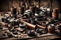 A collection of vintage cameras, lenses, and film rolls on a weathered wooden table