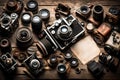 A collection of vintage cameras, lenses, and film rolls on a weathered wooden table