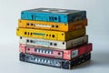 Collection of vintage cassette tapes in various colors on a light background. Concept of retro music, vintage collection Royalty Free Stock Photo