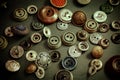 Collection of vintage clothing buttons. Dark stone background, grunge photo.