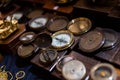 Collection of vintage compasses and watches Royalty Free Stock Photo