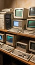 Collection of vintage computing equipment showcasing early personal computer technology displayed on shelves Royalty Free Stock Photo