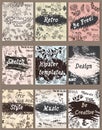 Collection of vintage creative cards with hand sketched hipster