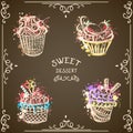 Collection of vintage cupcakes with abstract splashes in watercolor style.