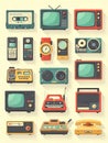 A collection of vintage electronic devices, rendered in a flat illustration style, ideal for nostalgic designs Royalty Free Stock Photo
