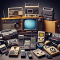 A collection of vintage electronic objects from the 1980s