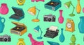 Collection of vintage electronics and decorative vases on a mint green background Royalty Free Stock Photo