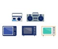 Collection of vintage electronics including radios, boombox, televisions. Retro technology gadgets, old school