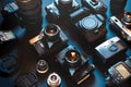 Collection Vintage Film And Digital Cameras, On Black Background, Top View