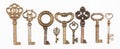 collection of vintage golden keys isolated on white Royalty Free Stock Photo