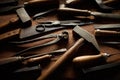 Collection of vintage hand tools with wood handles Royalty Free Stock Photo