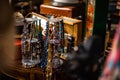 A collection of vintage jewelry in antique shop dof sharp focus bokeh space for text wood items garage storage container