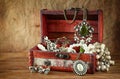 A collection of vintage jewelry in antique wooden jewelry box Royalty Free Stock Photo