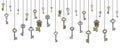 Collection of vintage keys in sketch style hanging vector banner illustration. Keys to lock and unlock any problem Royalty Free Stock Photo