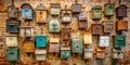 Collection of vintage mailboxes on a brick wall. Generative AI Royalty Free Stock Photo