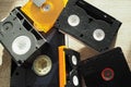 Collection of vintage media cartridges, including 8mm data cartridge, VHS-C, MiniDisc, MiniDV Royalty Free Stock Photo