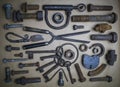 Collection of vintage metal rusty items of locks, keys, knife, bolts, nuts and others Royalty Free Stock Photo