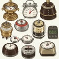 A collection of vintage and modern kitchen timers in varied designs. The image Royalty Free Stock Photo