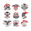 Collection of vintage motorcycle emblems. Original monochrome label for biker club or repair service. Typography vector Royalty Free Stock Photo