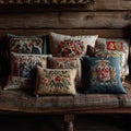 Collection of vintage needlepoint pillows adorning a rustic wooden bench adding warmth Royalty Free Stock Photo