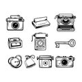 Collection of Vintage Objects and Retro Gadgets in Line Art Style Royalty Free Stock Photo