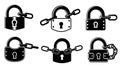 Set of Six Black Padlocks with Chains - Security Icons Royalty Free Stock Photo