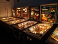 Collection of 5 vintage pinball machines in arcade