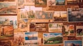 Vintage postcards from travels on wall