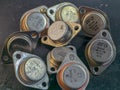 A collection of vintage power transistors, close-up view. Royalty Free Stock Photo